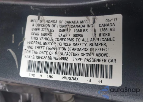 2017 Honda Civic Lx из США, поврежденный, VIN 2HGFC2F58HH544982